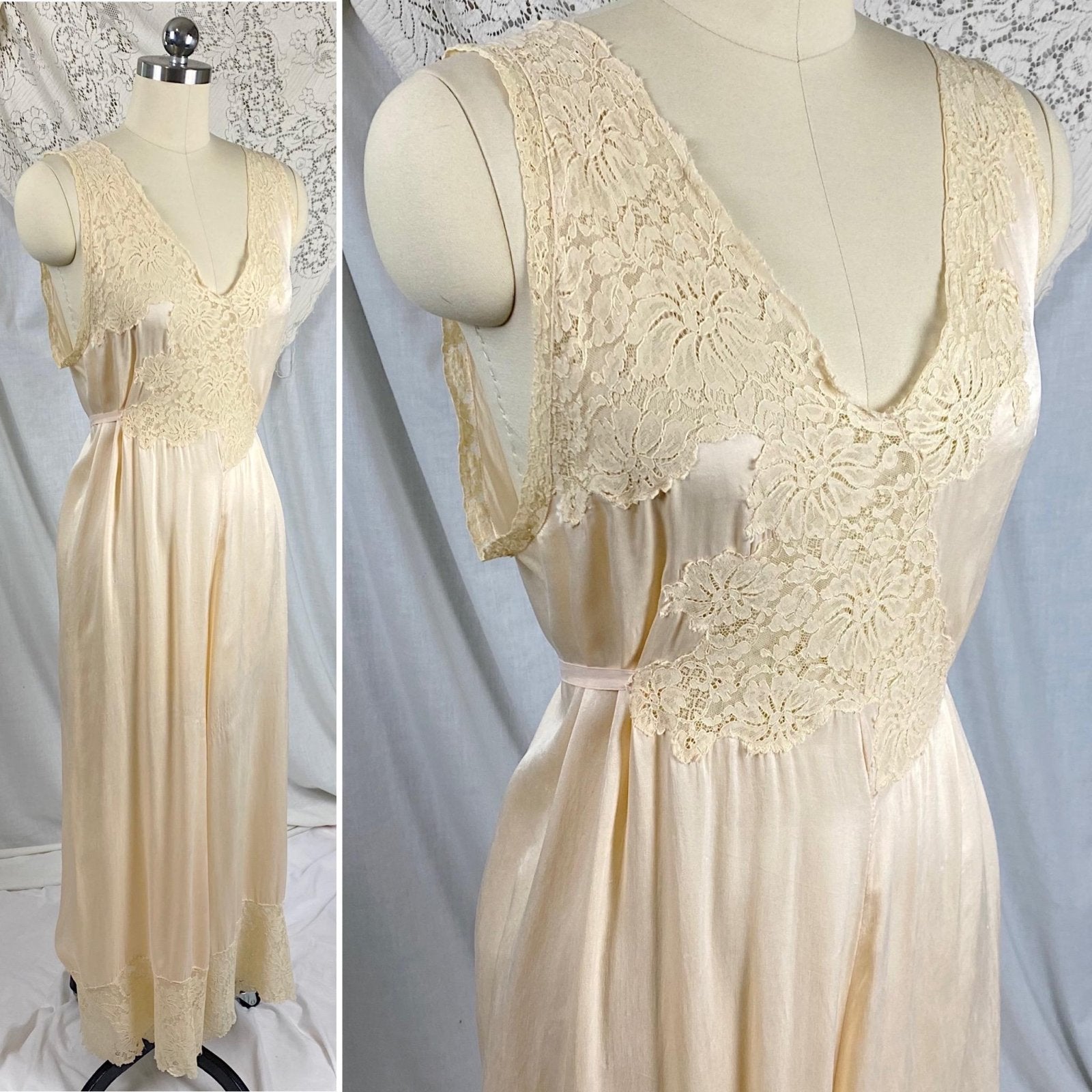 Vintage 1920's - 1930's Jumpsuit Pajamas | Pale Buttercream Silk with Ivory Floral Cotton Lace | Size M - Daggers & Dames