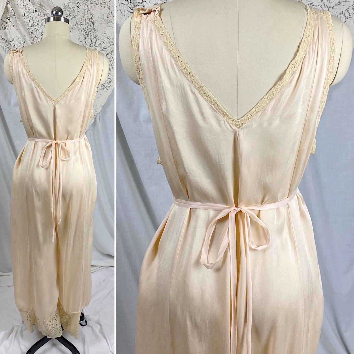 Vintage 1920's - 1930's Jumpsuit Pajamas | Pale Buttercream Silk with Ivory Floral Cotton Lace | Size M - Daggers & Dames