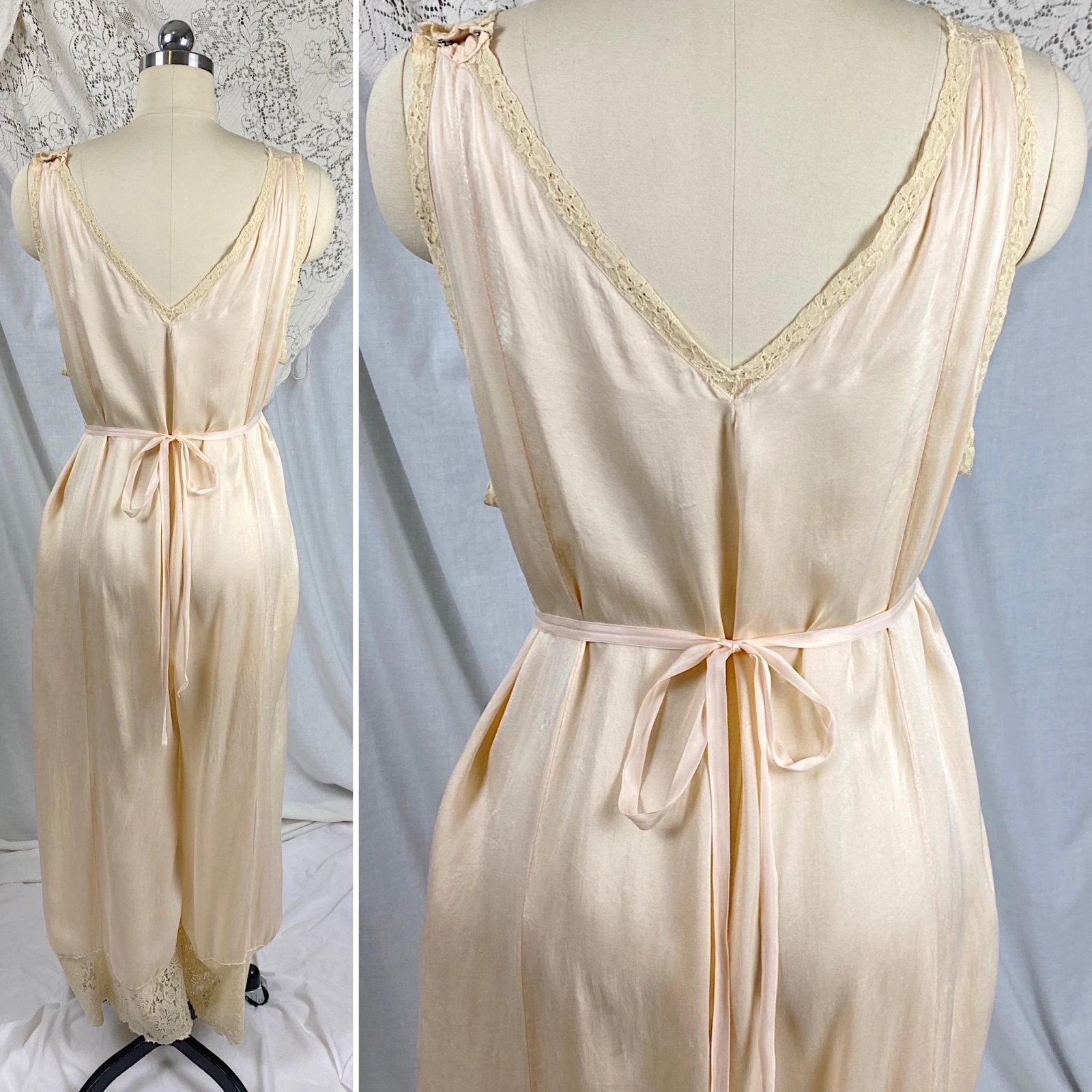 Vintage 1920's - 1930's Jumpsuit Pajamas | Pale Buttercream Silk with Ivory Floral Cotton Lace | Size M - Daggers & Dames