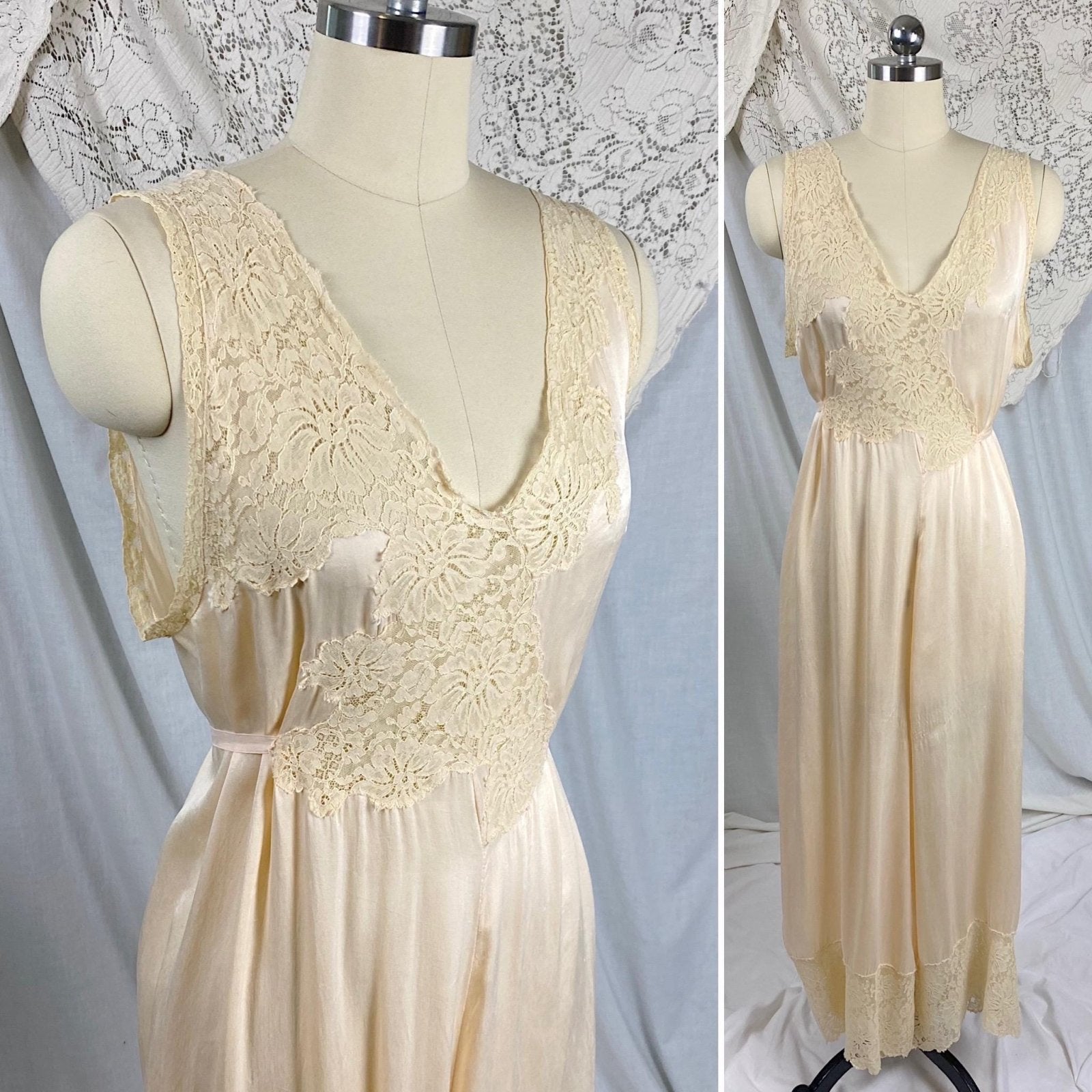 Vintage 1920's - 1930's Jumpsuit Pajamas | Pale Buttercream Silk with Ivory Floral Cotton Lace | Size M - Daggers & Dames