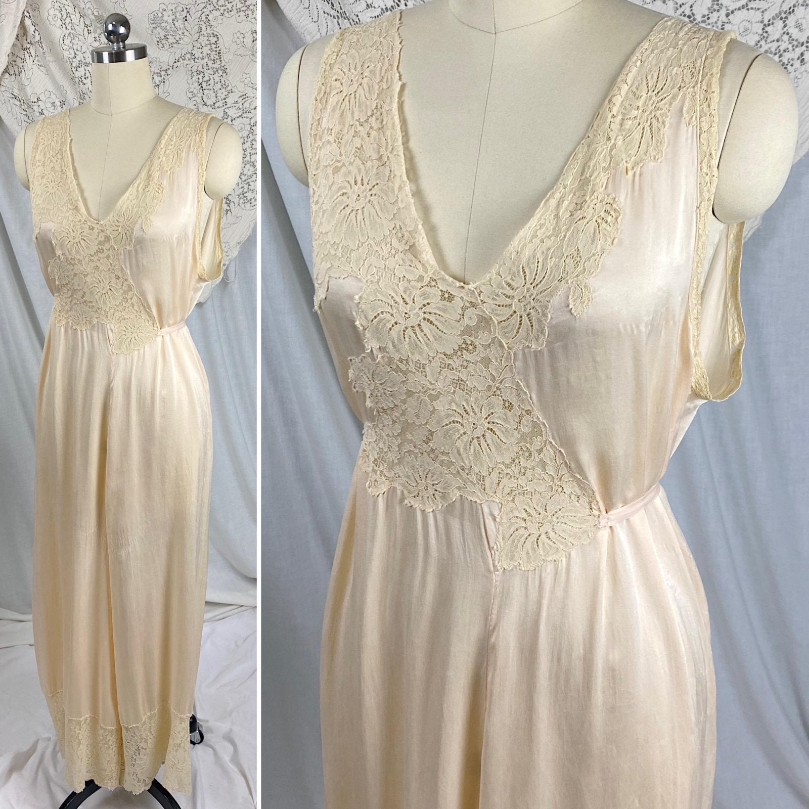 Vintage 1920's - 1930's Jumpsuit Pajamas | Pale Buttercream Silk with Ivory Floral Cotton Lace | Size M - Daggers & Dames