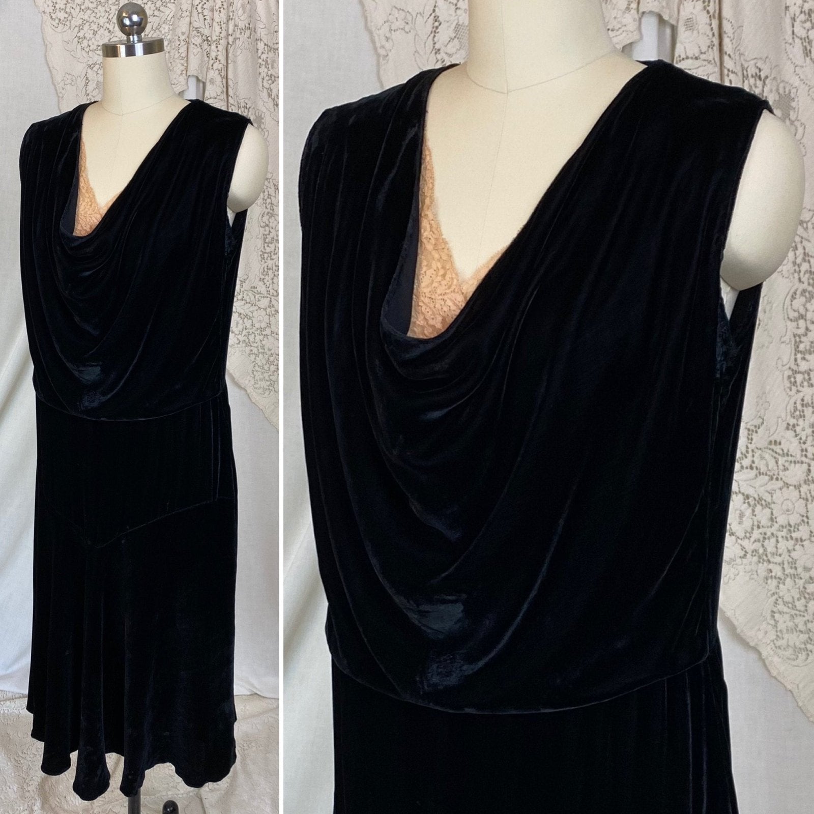 Vintage 1920s - 1930s Midi Dress | Black Silk Velvet with Ivory Lace Insert | Size XS, S - Daggers & Dames