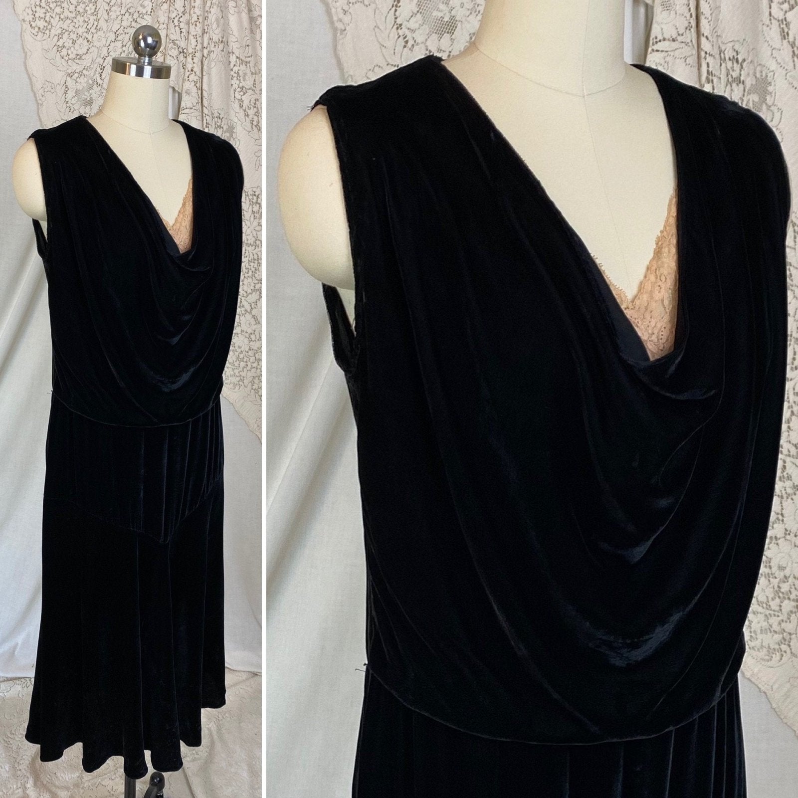 Vintage 1920s - 1930s Midi Dress | Black Silk Velvet with Ivory Lace Insert | Size XS, S - Daggers & Dames