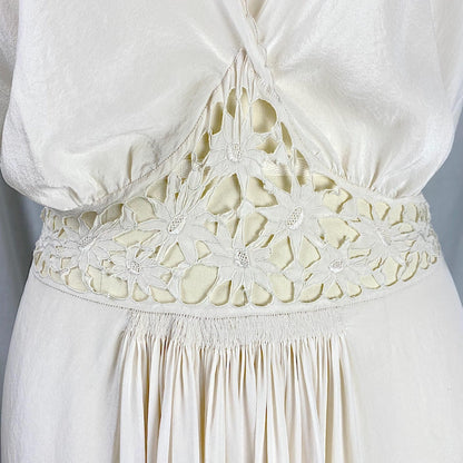 Vintage 1920's - 1930's Nightgown | Bone White Silk with Blouson Bodice & Floral Cutouts | Size S, M - Daggers & Dames