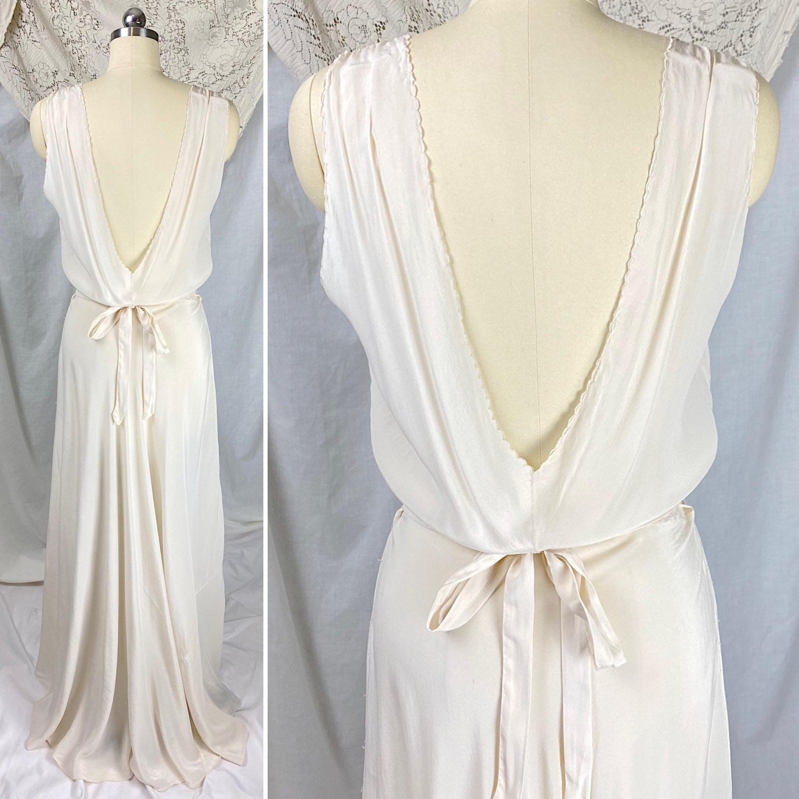 Vintage 1920's - 1930's Nightgown | Bone White Silk with Blouson Bodice & Floral Cutouts | Size S, M - Daggers & Dames