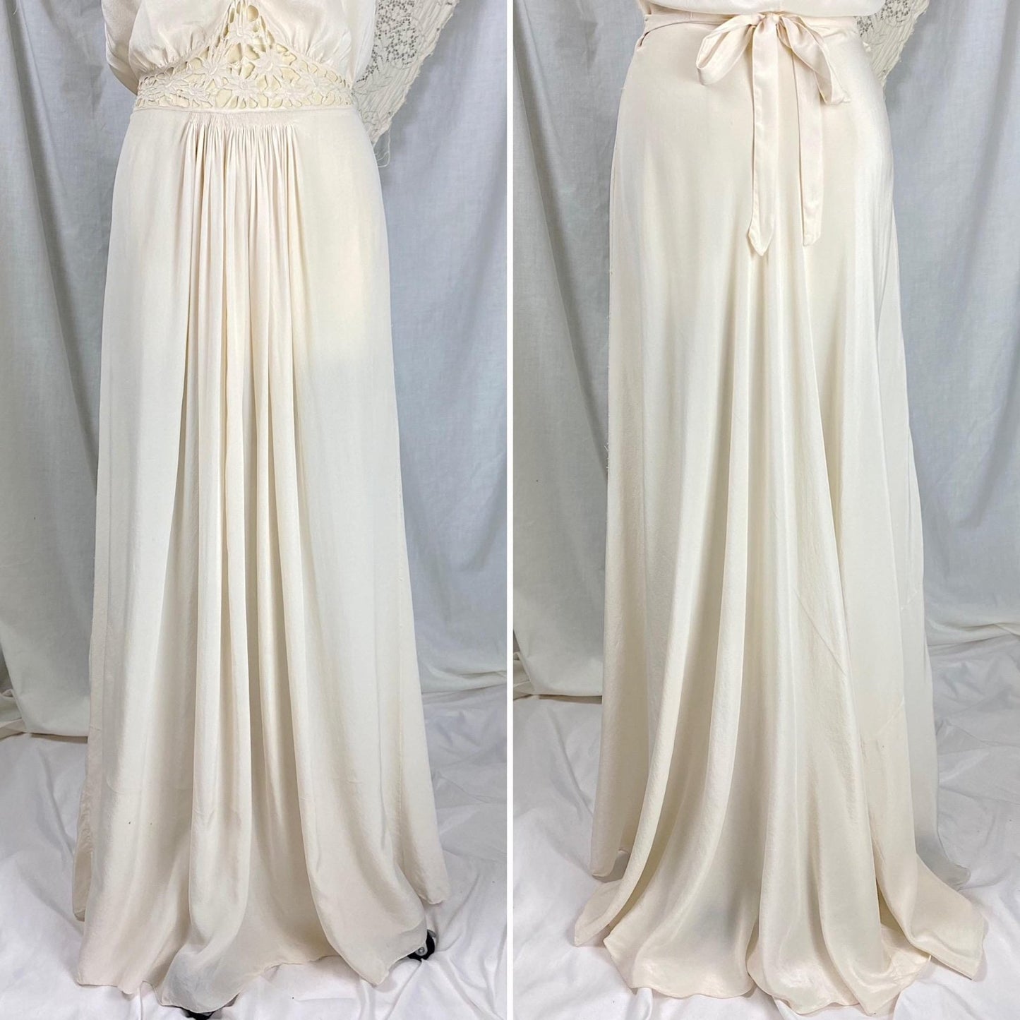 Vintage 1920's - 1930's Nightgown | Bone White Silk with Blouson Bodice & Floral Cutouts | Size S, M - Daggers & Dames