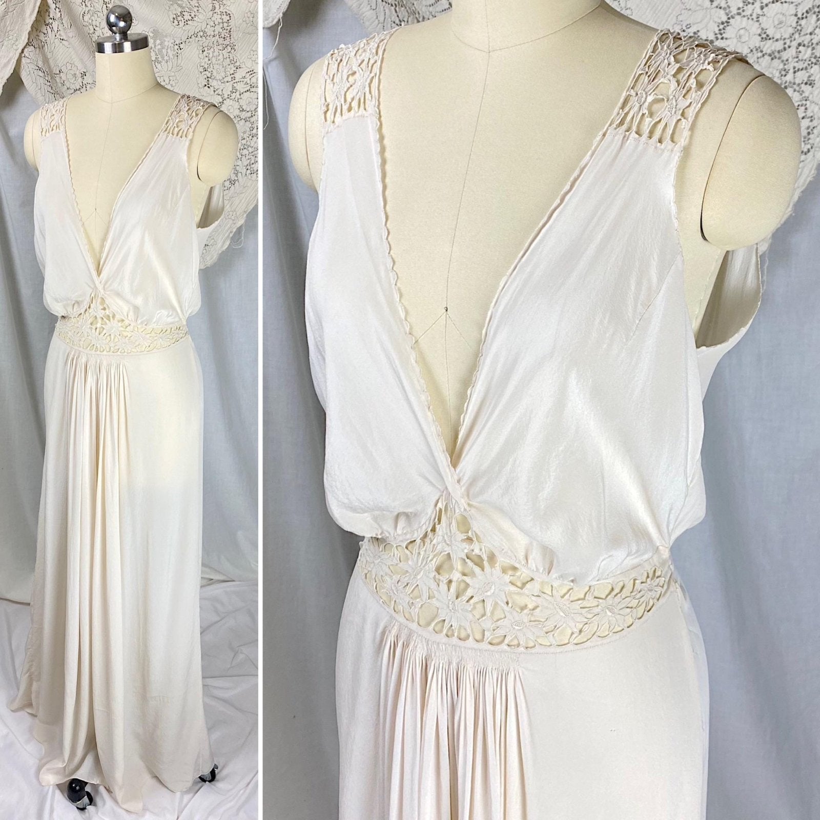 Vintage 1920's - 1930's Nightgown | Bone White Silk with Blouson Bodice & Floral Cutouts | Size S, M - Daggers & Dames