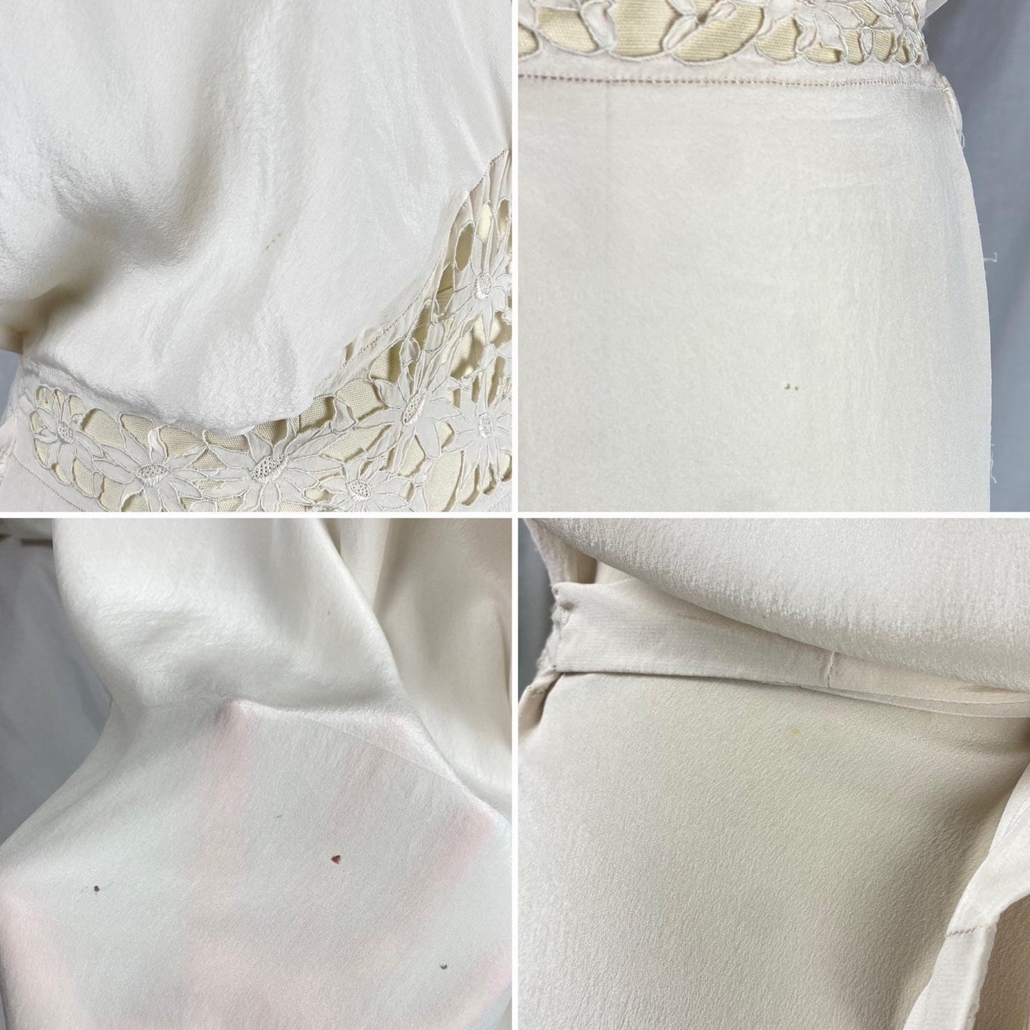 Vintage 1920's - 1930's Nightgown | Bone White Silk with Blouson Bodice & Floral Cutouts | Size S, M - Daggers & Dames