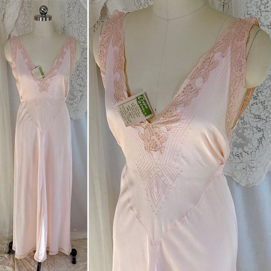 Vintage 1920's - 1930's Nightgown - Palest Pink Silk with Elaborate Embroidered Detail - by Crepe Ramola, New with Tags, size M - Daggers & Dames