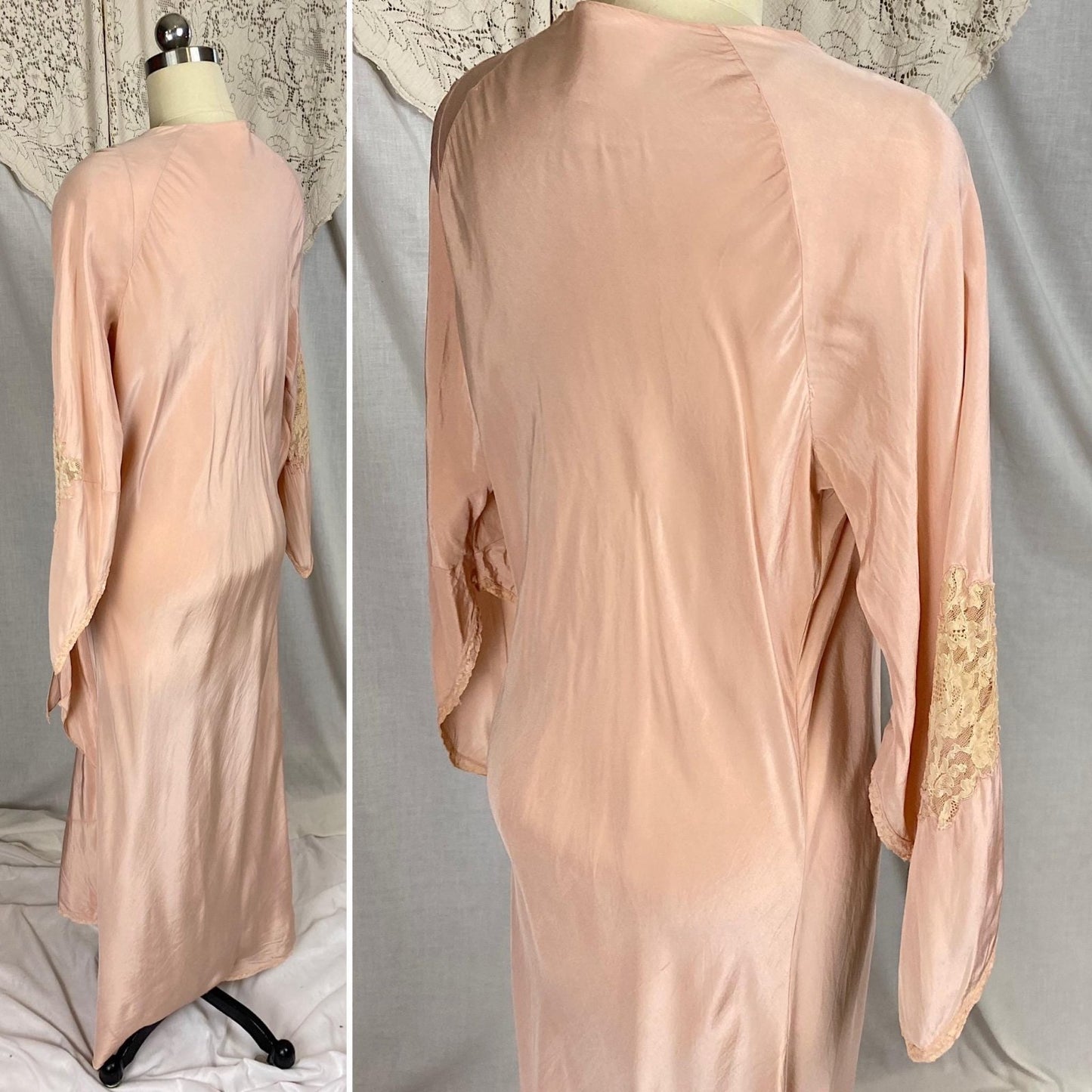 Vintage 1920's - 1930's Robe | Blush Pink Silk with Warm Ivory Lace & Handkerchief Sleeves | Size XS, S, M - Daggers & Dames