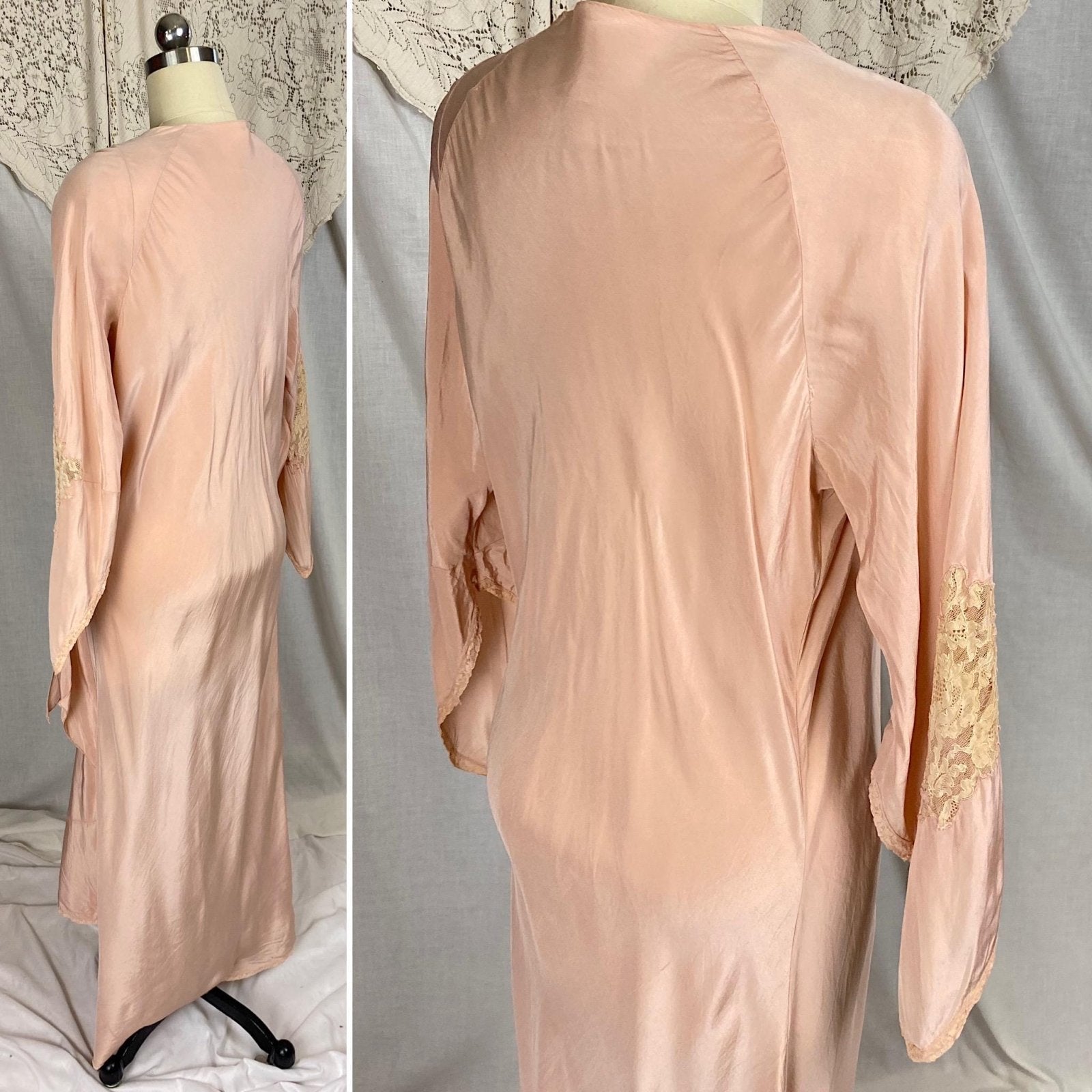Vintage 1920's - 1930's Robe | Blush Pink Silk with Warm Ivory Lace & Handkerchief Sleeves | Size XS, S, M - Daggers & Dames