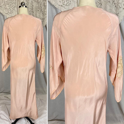 Vintage 1920's - 1930's Robe | Blush Pink Silk with Warm Ivory Lace & Handkerchief Sleeves | Size XS, S, M - Daggers & Dames