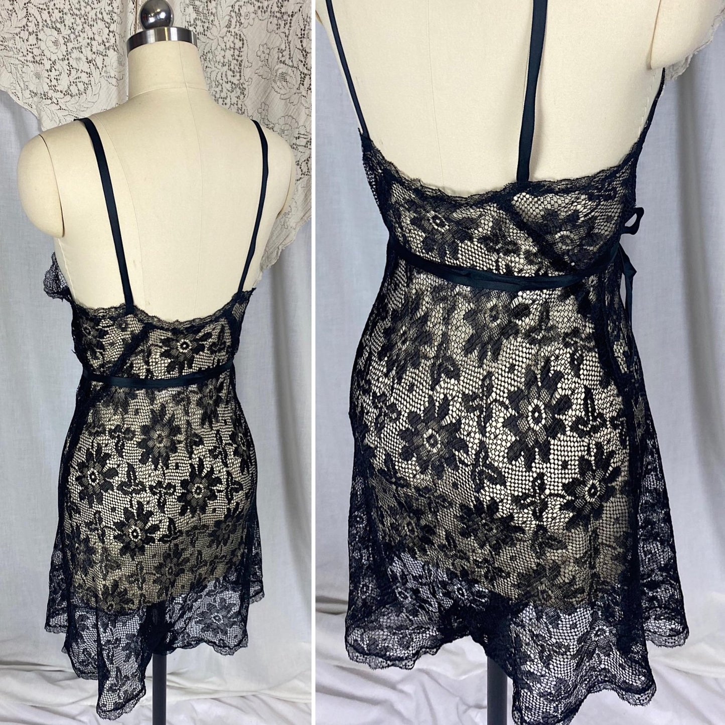 Vintage 1920's - 1930's Step - In Chemise | Sheer Black Filet Lace with Silk Ribbon Tie | Size XS, S - Daggers & Dames