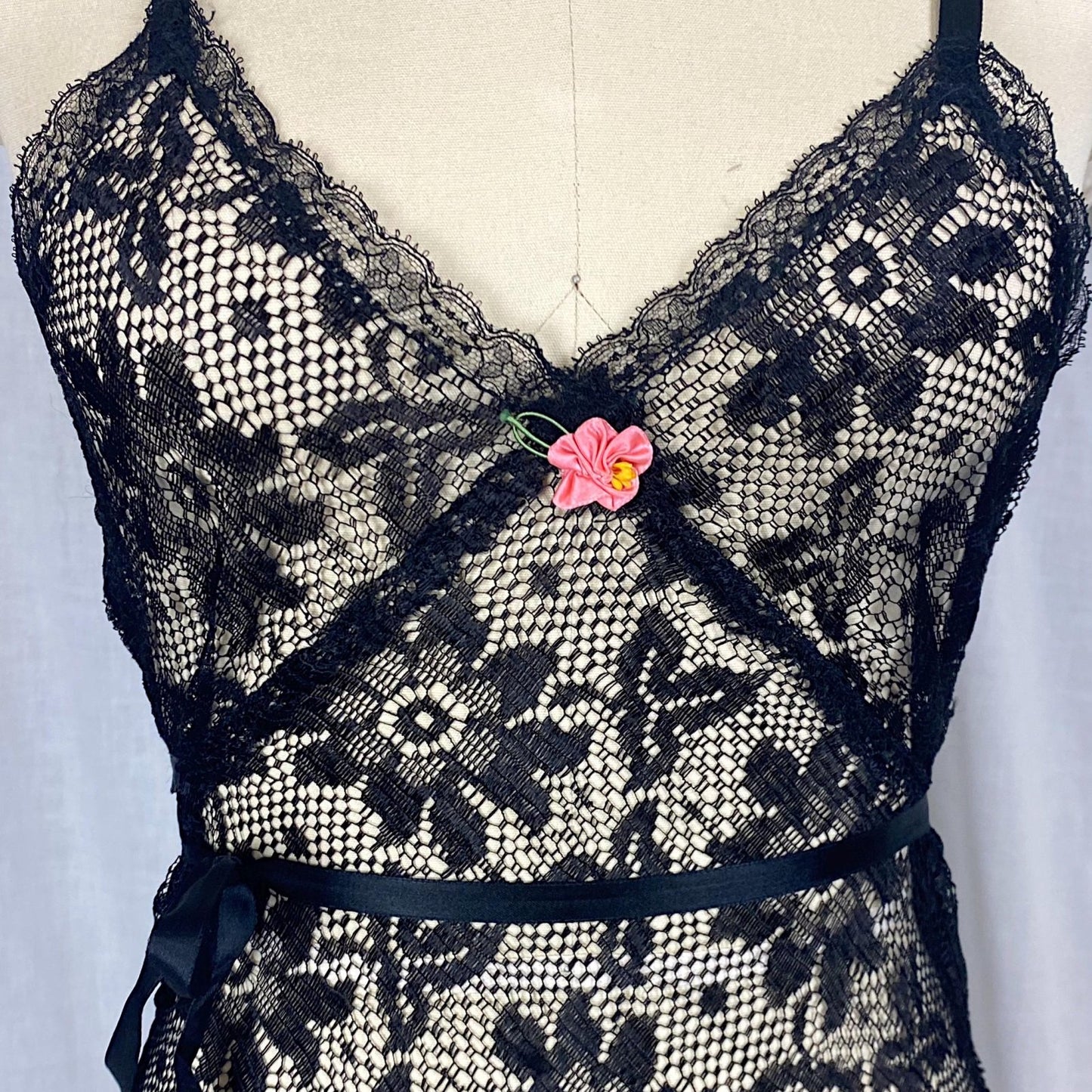 Vintage 1920's - 1930's Step - In Chemise | Sheer Black Filet Lace with Silk Ribbon Tie | Size XS, S - Daggers & Dames