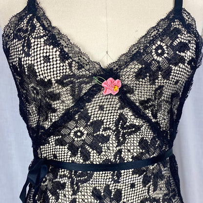 Vintage 1920's - 1930's Step - In Chemise | Sheer Black Filet Lace with Silk Ribbon Tie | Size XS, S - Daggers & Dames