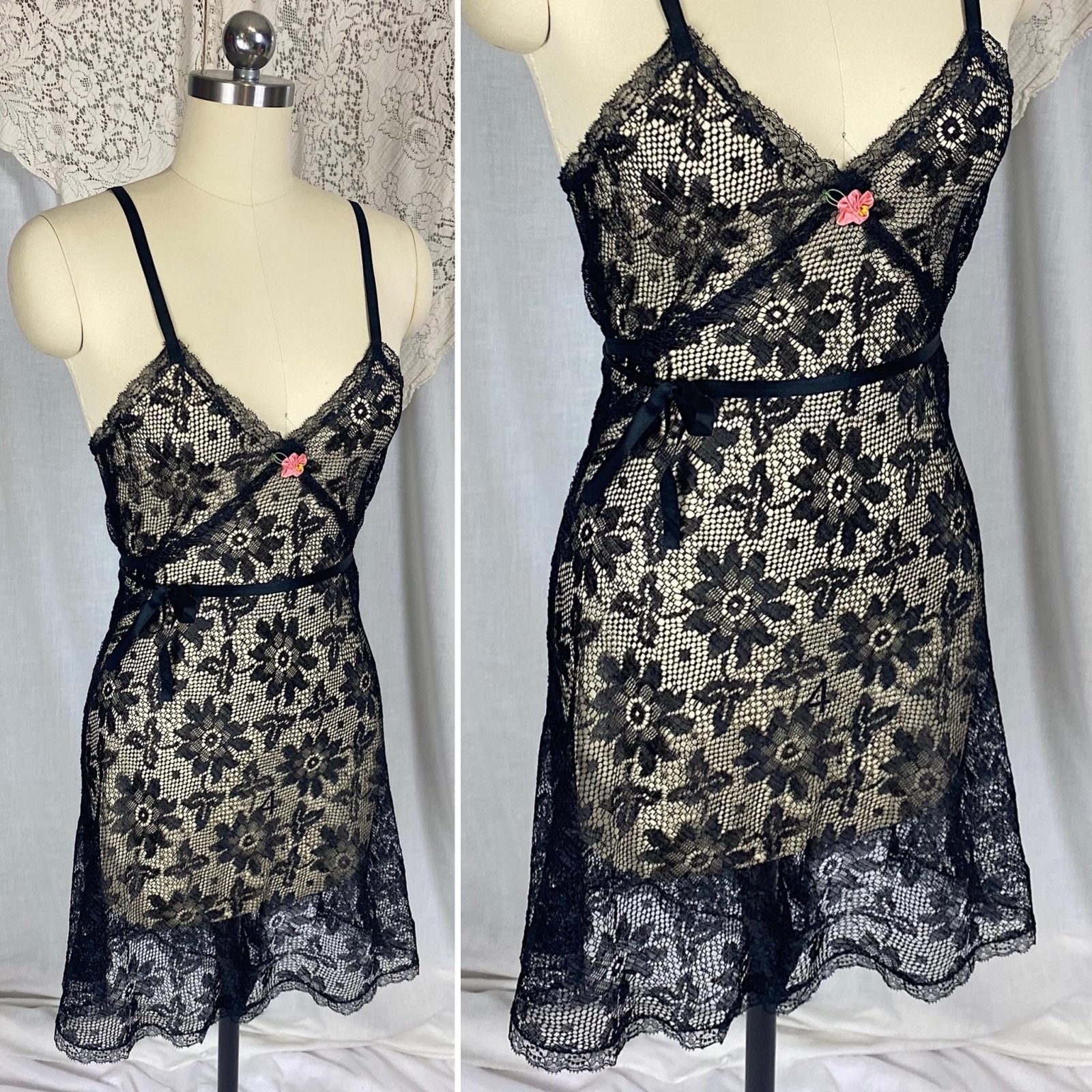Vintage 1920's - 1930's Step - In Chemise | Sheer Black Filet Lace with Silk Ribbon Tie | Size XS, S - Daggers & Dames