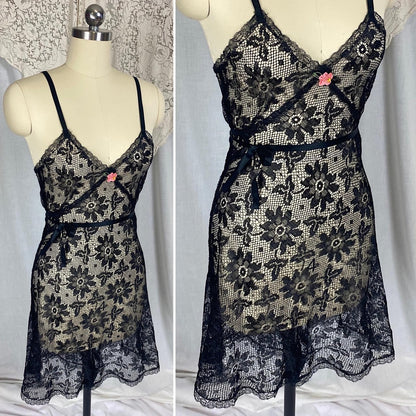 Vintage 1920's - 1930's Step - In Chemise | Sheer Black Filet Lace with Silk Ribbon Tie | Size XS, S - Daggers & Dames