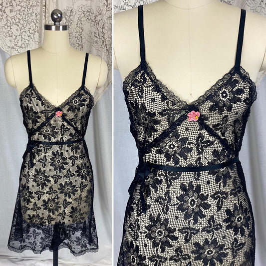 Vintage 1920's - 1930's Step - In Chemise | Sheer Black Filet Lace with Silk Ribbon Tie | Size XS, S - Daggers & Dames