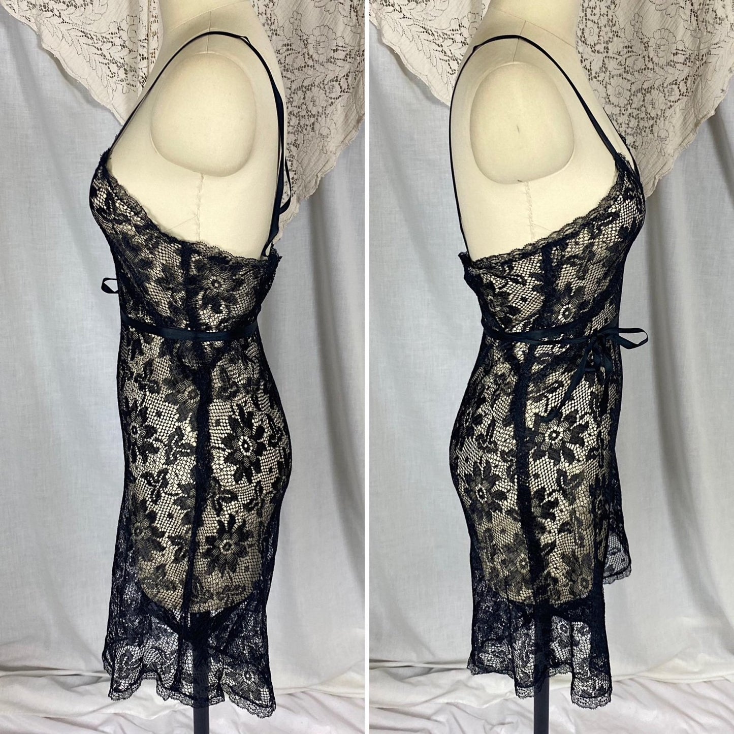 Vintage 1920's - 1930's Step - In Chemise | Sheer Black Filet Lace with Silk Ribbon Tie | Size XS, S - Daggers & Dames
