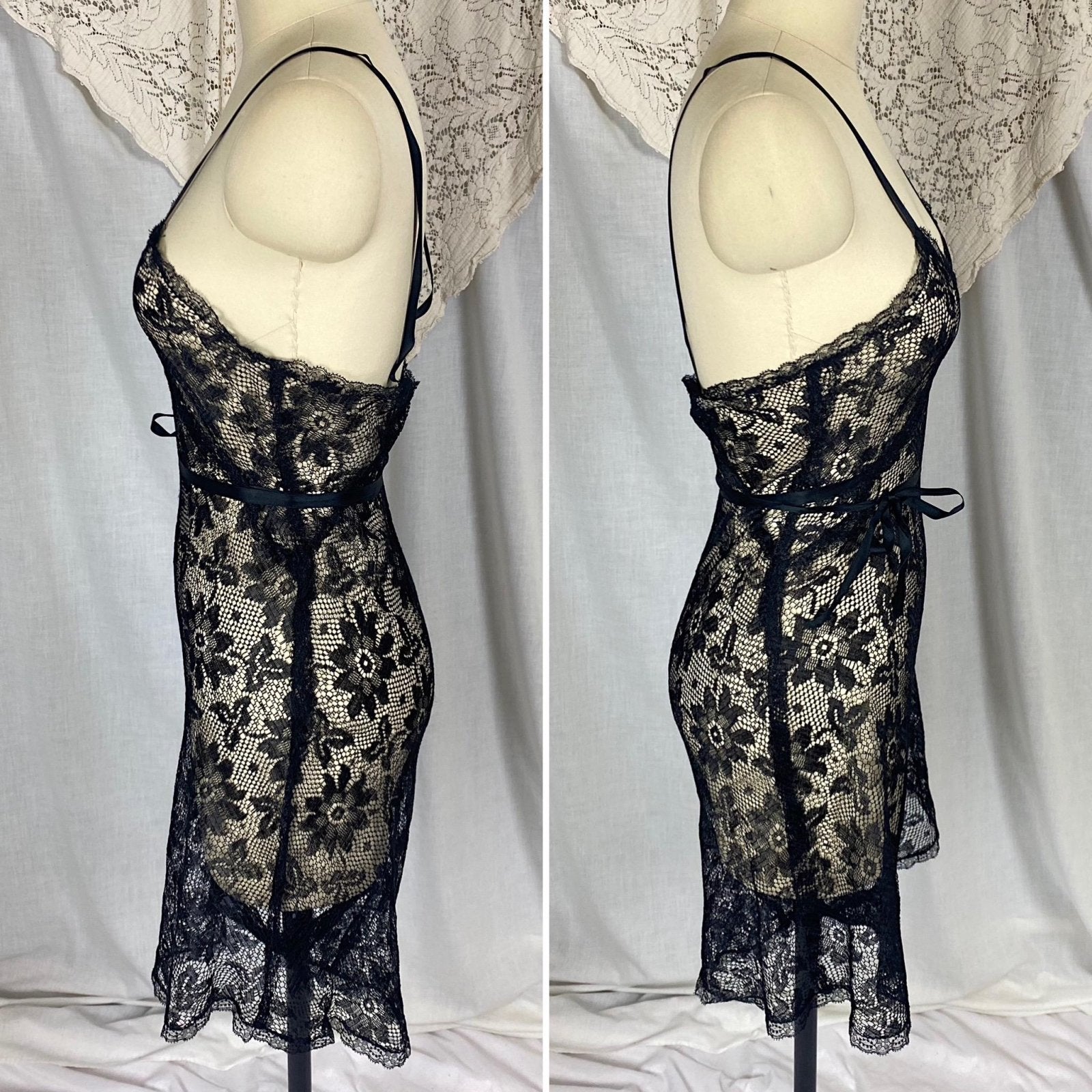 Vintage 1920's - 1930's Step - In Chemise | Sheer Black Filet Lace with Silk Ribbon Tie | Size XS, S - Daggers & Dames