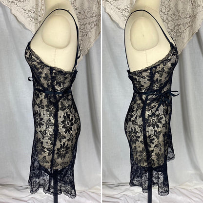 Vintage 1920's - 1930's Step - In Chemise | Sheer Black Filet Lace with Silk Ribbon Tie | Size XS, S - Daggers & Dames