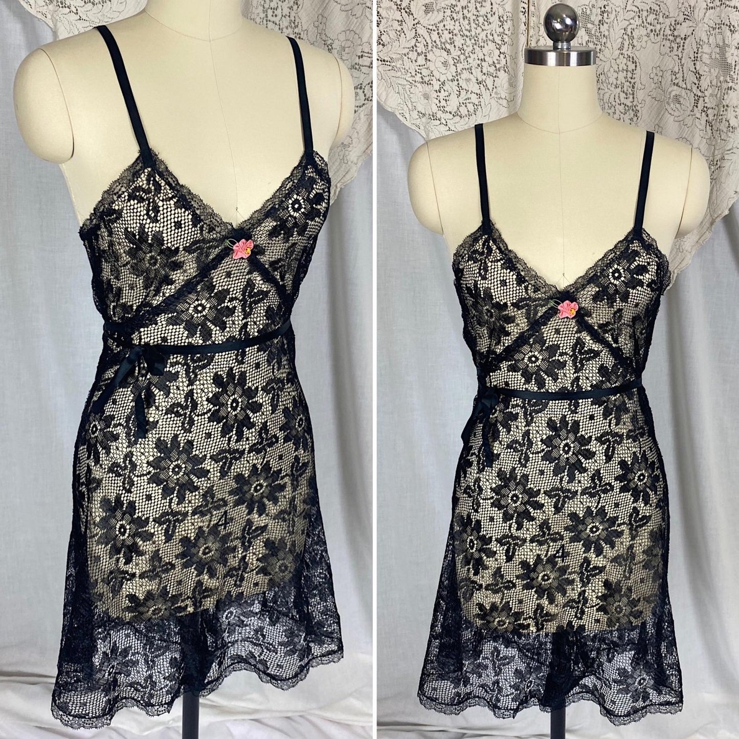 Vintage 1920's - 1930's Step - In Chemise | Sheer Black Filet Lace with Silk Ribbon Tie | Size XS, S - Daggers & Dames