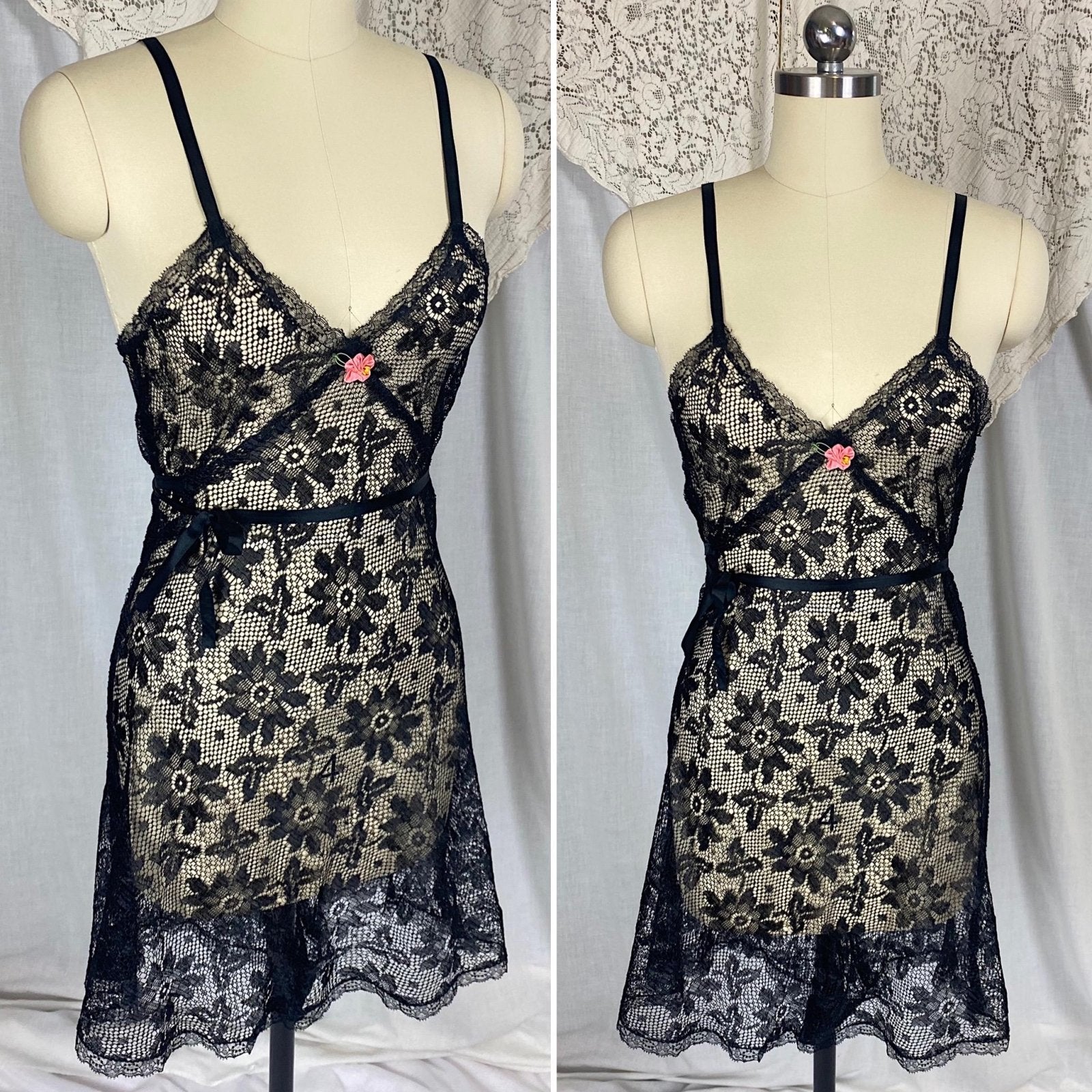 Vintage 1920's - 1930's Step - In Chemise | Sheer Black Filet Lace with Silk Ribbon Tie | Size XS, S - Daggers & Dames
