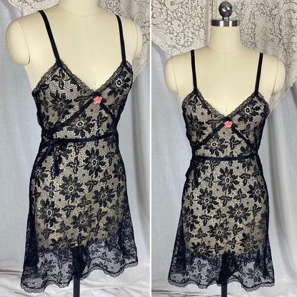 Vintage 1920's - 1930's Step - In Chemise | Sheer Black Filet Lace with Silk Ribbon Tie | Size XS, S - Daggers & Dames