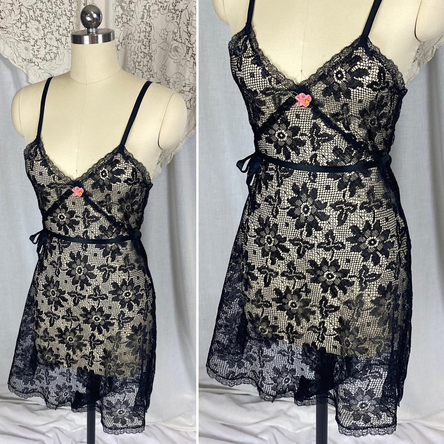 Vintage 1920's - 1930's Step - In Chemise | Sheer Black Filet Lace with Silk Ribbon Tie | Size XS, S - Daggers & Dames