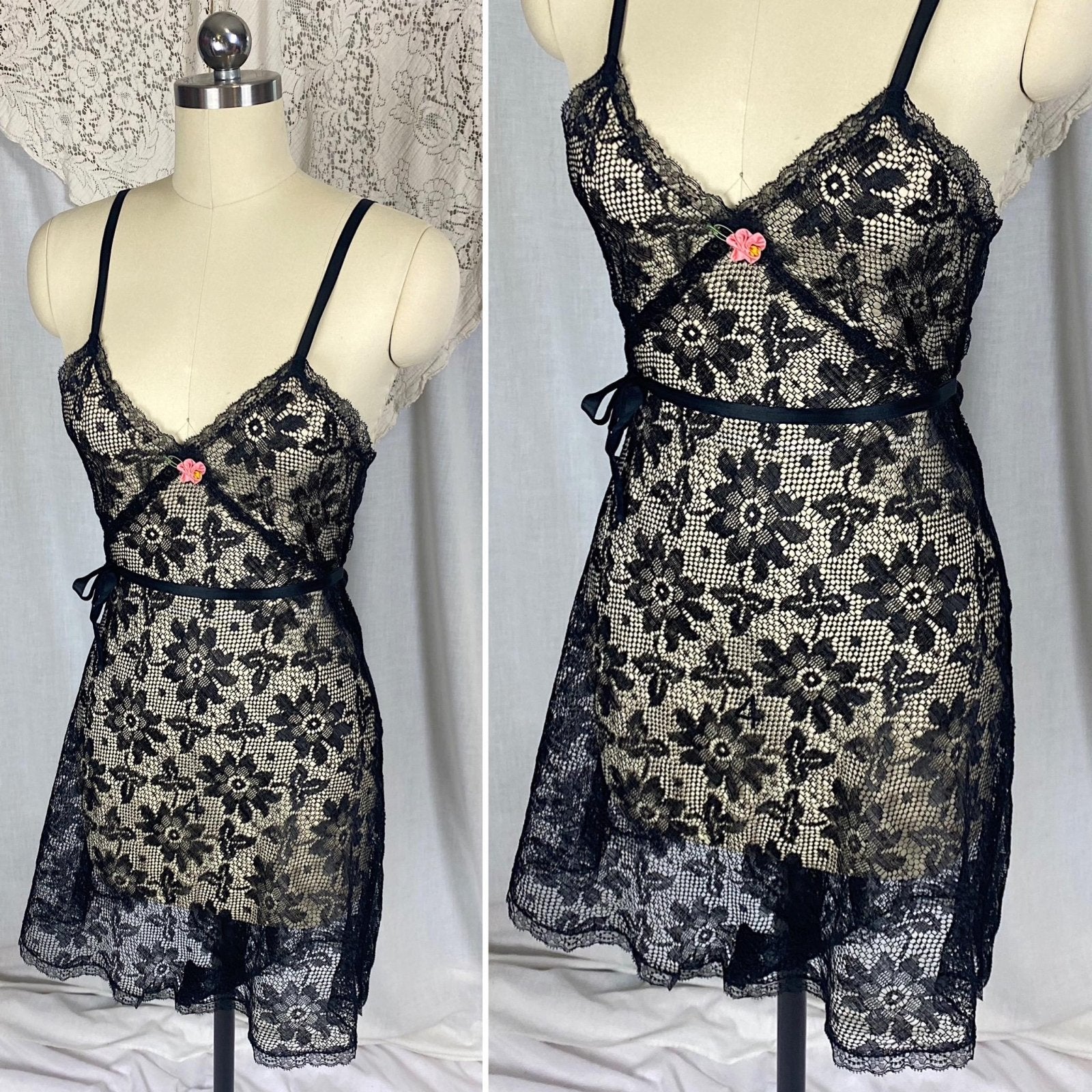 Vintage 1920's - 1930's Step - In Chemise | Sheer Black Filet Lace with Silk Ribbon Tie | Size XS, S - Daggers & Dames