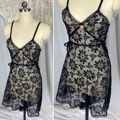 Vintage 1920's - 1930's Step - In Chemise | Sheer Black Filet Lace with Silk Ribbon Tie | Size XS, S - Daggers & Dames