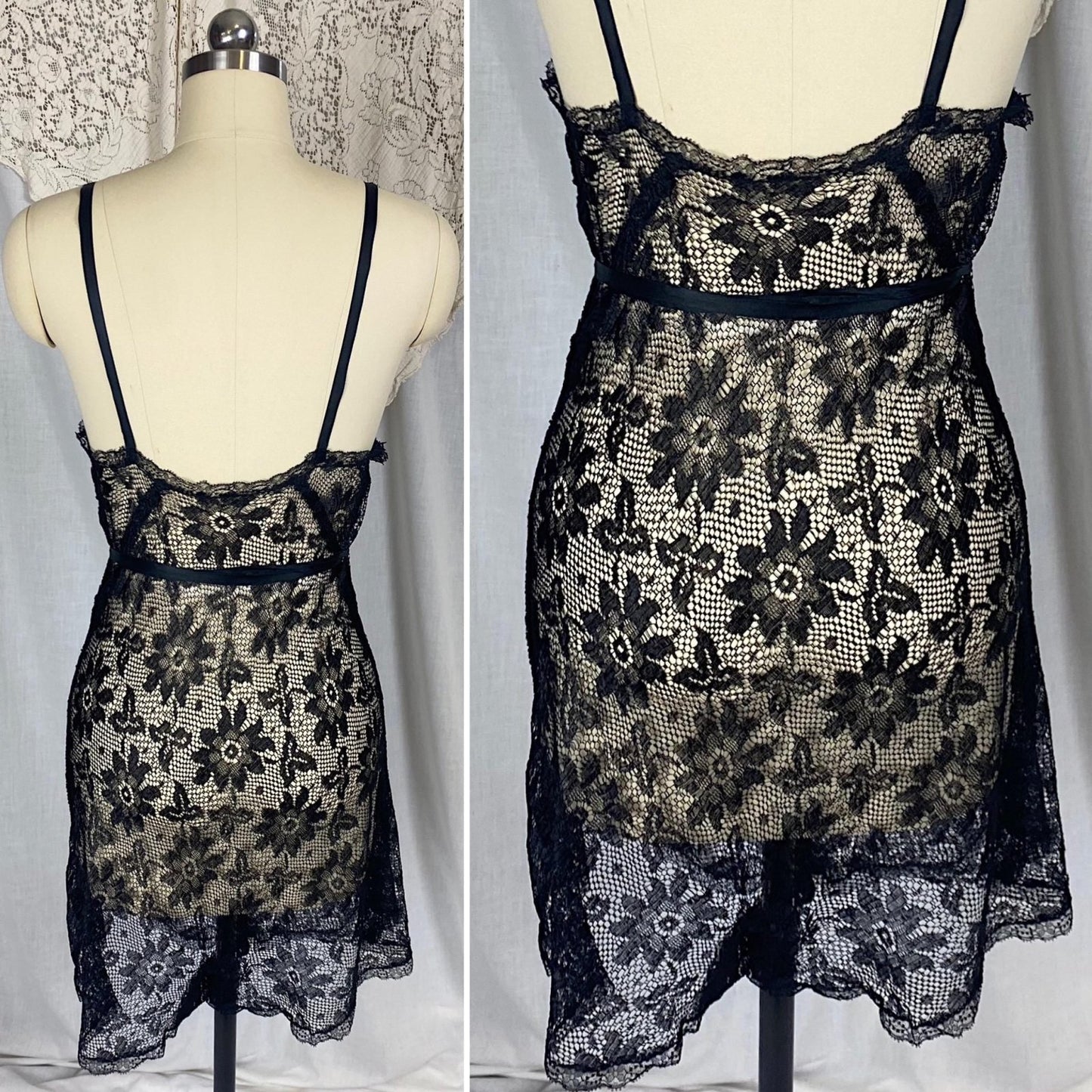 Vintage 1920's - 1930's Step - In Chemise | Sheer Black Filet Lace with Silk Ribbon Tie | Size XS, S - Daggers & Dames
