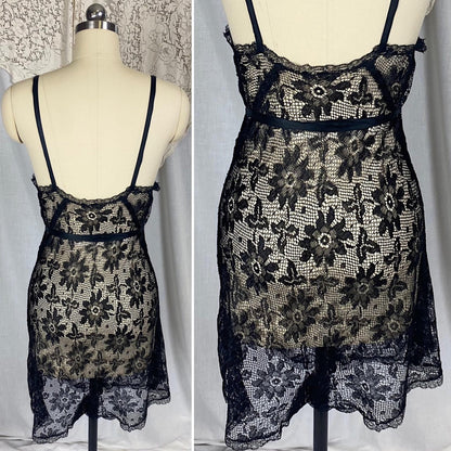 Vintage 1920's - 1930's Step - In Chemise | Sheer Black Filet Lace with Silk Ribbon Tie | Size XS, S - Daggers & Dames