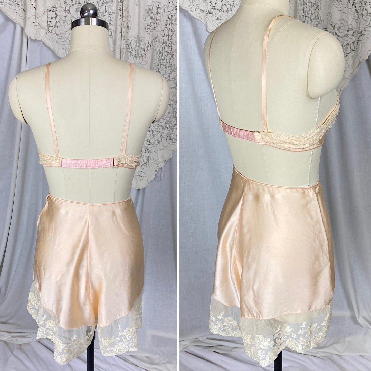 Vintage 1920's - 1930's Tap Pants & Bralette Lingerie Set | Powder Pink Silk with Ivory Alencon Lace | Size S - Daggers & Dames