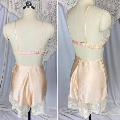 Vintage 1920's - 1930's Tap Pants & Bralette Lingerie Set | Powder Pink Silk with Ivory Alencon Lace | Size S - Daggers & Dames