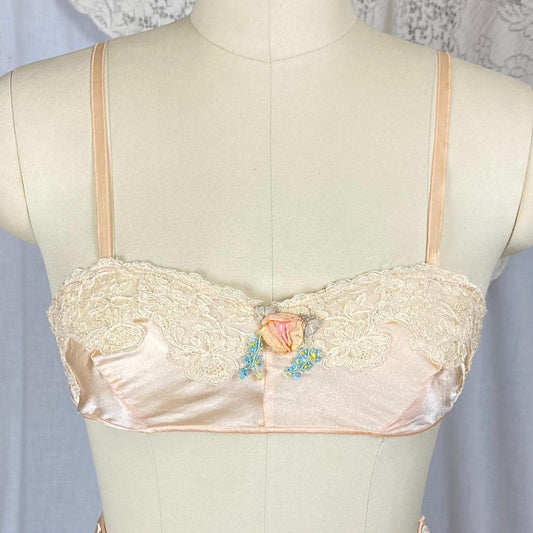 Vintage 1920's - 1930's Tap Pants & Bralette Lingerie Set | Powder Pink Silk with Ivory Alencon Lace | Size S - Daggers & Dames