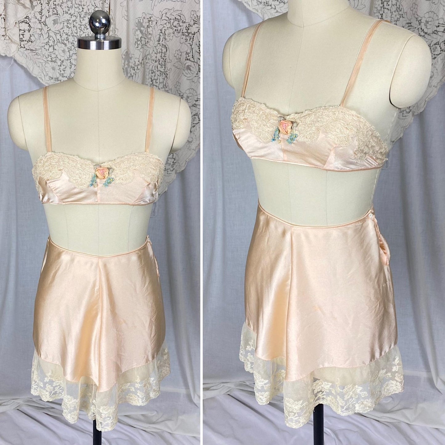 Vintage 1920's - 1930's Tap Pants & Bralette Lingerie Set | Powder Pink Silk with Ivory Alencon Lace | Size S - Daggers & Dames
