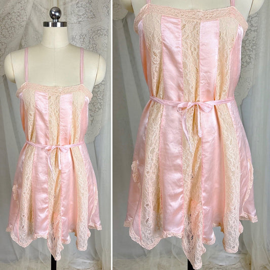 Vintage 1920's Baby Pink Silk Step - In Chemise with Ivory Cotton Lace Inserts - Size XS, S - Daggers & Dames
