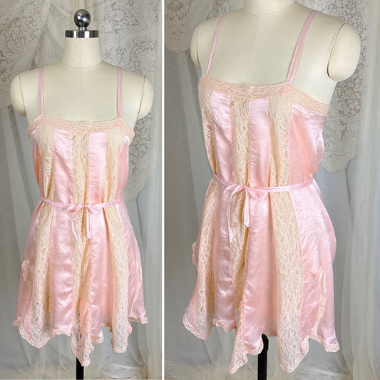 Vintage 1920's Baby Pink Silk Step - In Chemise with Ivory Cotton Lace Inserts - Size XS, S - Daggers & Dames