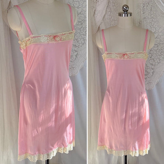 Vintage 1920's Chemise - Tea Rose Pink Silk Knit with Ivory Cotton Lace, size XS, S - Daggers & Dames