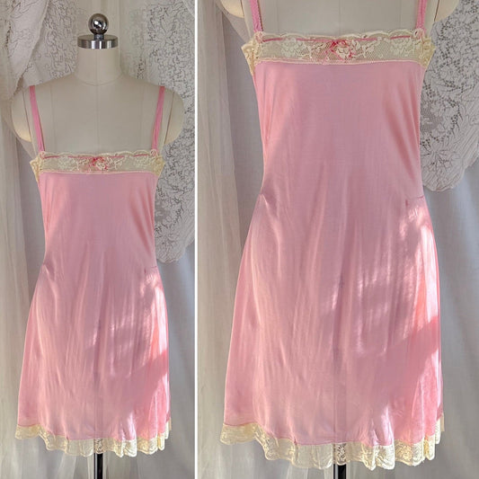 Vintage 1920's Chemise - Tea Rose Pink Silk Knit with Ivory Cotton Lace, size XS, S - Daggers & Dames