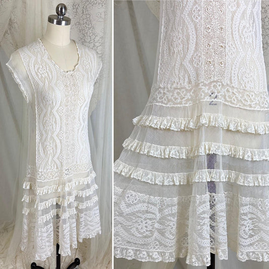 Vintage 1920's Dress - Ivory Cotton Tulle with Irish & Guipure Lace Panels - Size XS, S - Daggers & Dames