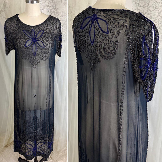 Vintage 1920's Dress - Sheer Black Silk Crepe with Heavy Glass Seed Beadwork & Split Sleeves - Size XS - Daggers & Dames