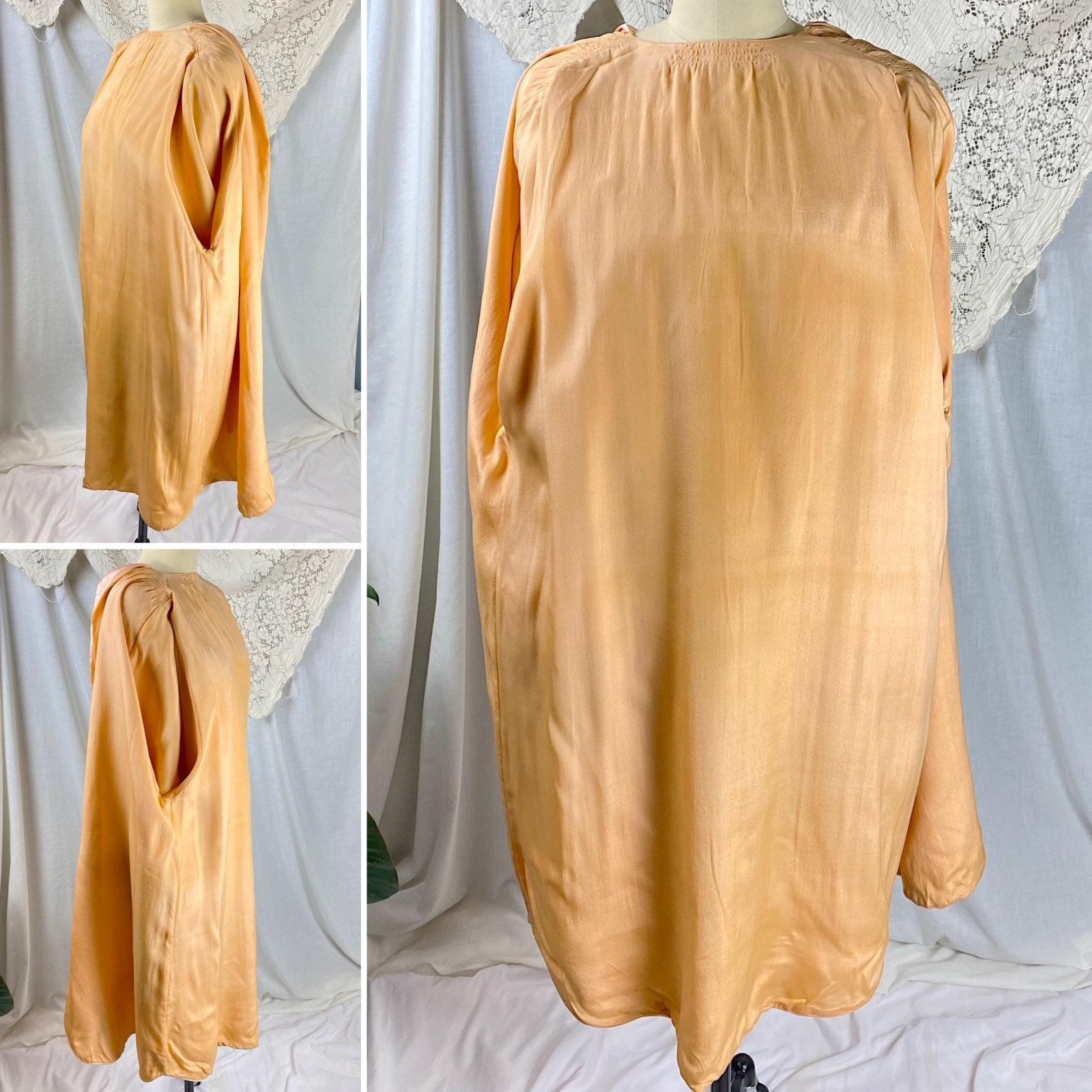 Vintage 1920's Dressing Gown Robe | Pale Rose Pink Silk & Wide Lace Edged Sleeves | Size S, M | John Wanamaker - New with Tags - Daggers & Dames