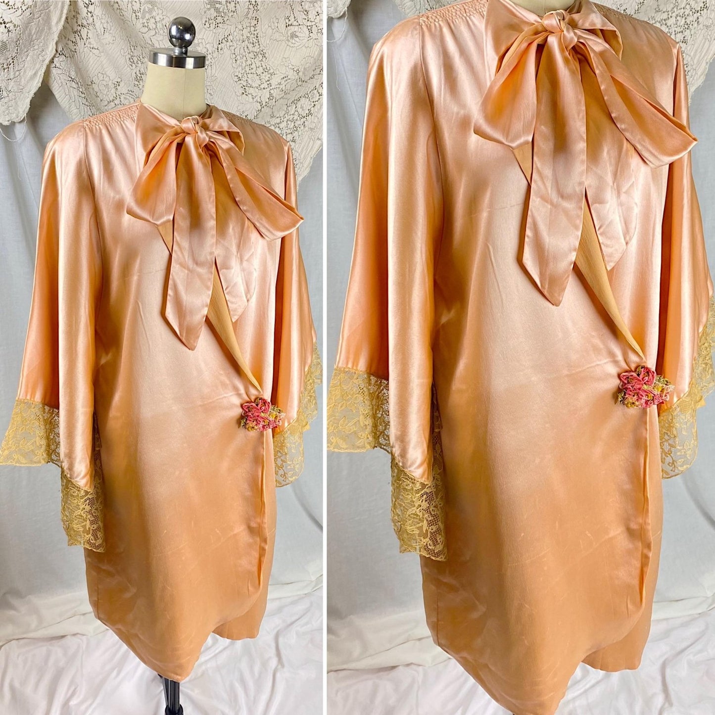 Vintage 1920's Dressing Gown Robe | Pale Rose Pink Silk & Wide Lace Edged Sleeves | Size S, M | John Wanamaker - New with Tags - Daggers & Dames