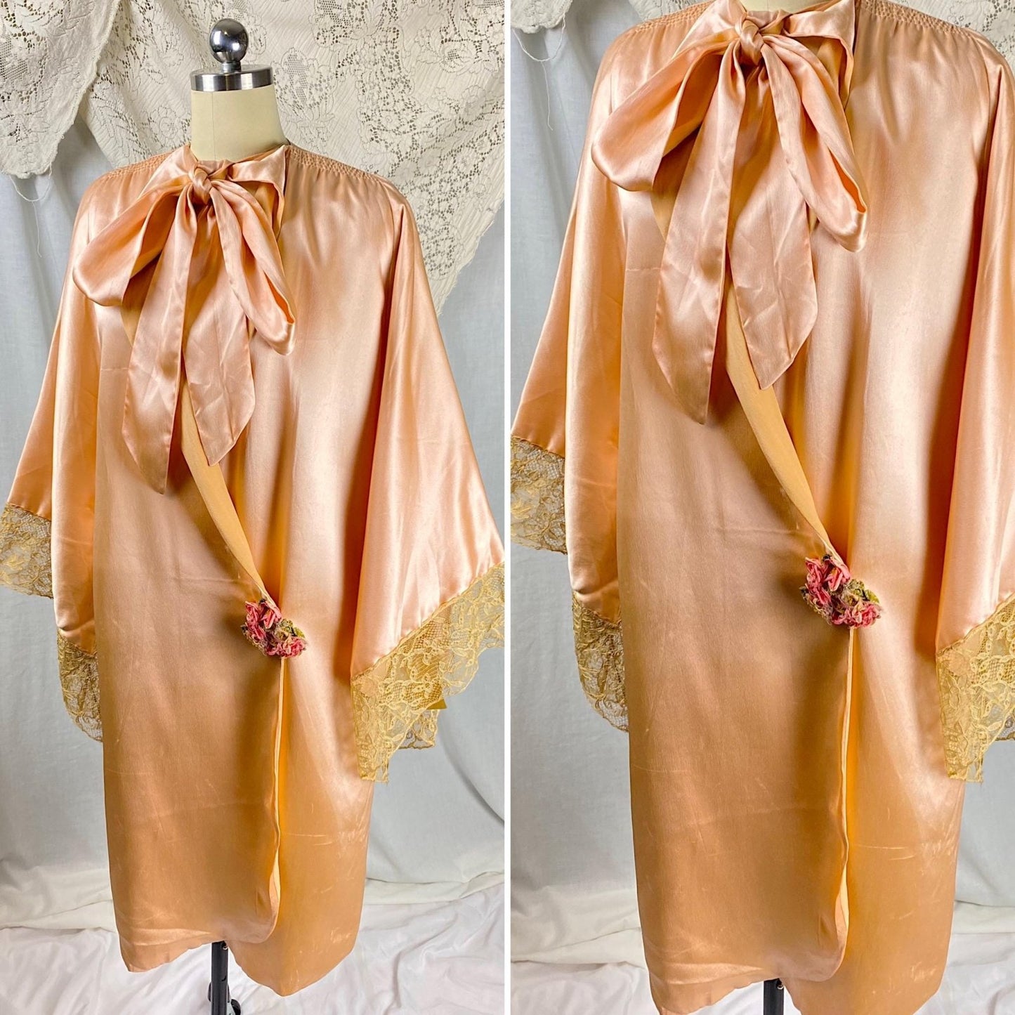 Vintage 1920's Dressing Gown Robe | Pale Rose Pink Silk & Wide Lace Edged Sleeves | Size S, M | John Wanamaker - New with Tags - Daggers & Dames