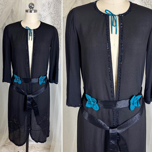 Vintage 1920's Duster Jacket - Black Rayon Crepe with Iridescent Glass Beadwork and Teal Blue Silk Lined Split Bell Sleeves - Size XS, S - Daggers & Dames