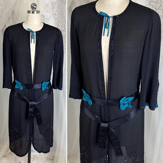 Vintage 1920's Duster Jacket - Black Rayon Crepe with Iridescent Glass Beadwork and Teal Blue Silk Lined Split Bell Sleeves - Size XS, S - Daggers & Dames