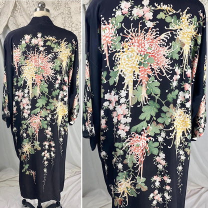 Vintage 1920's Japanese Kimono Robe | Black Rayon with Elaborate Floral Print | Size S, M, LG - Daggers & Dames