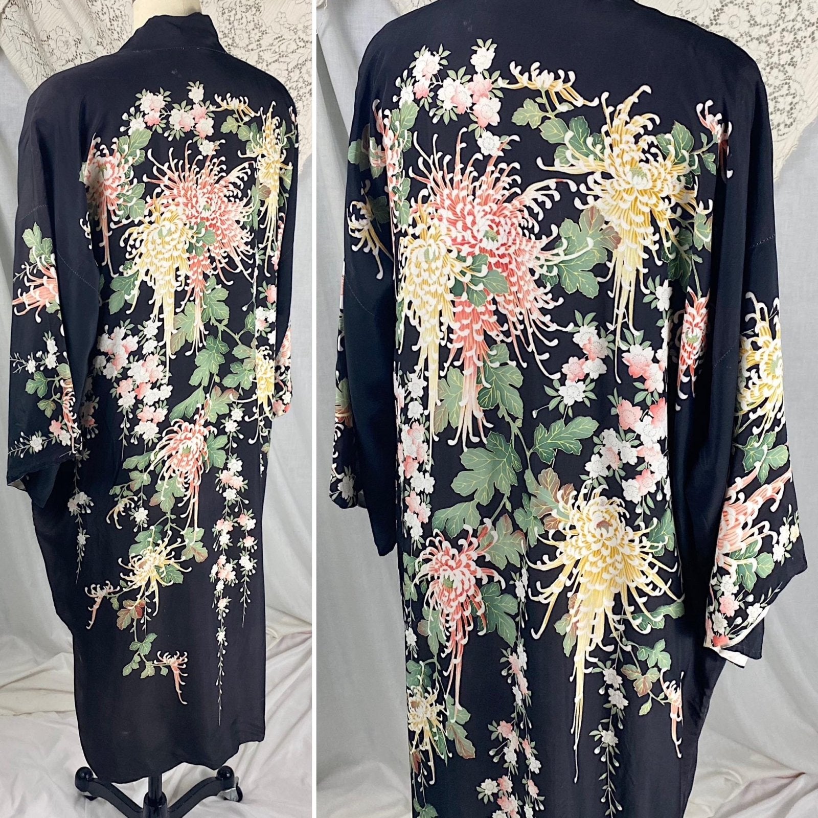 Vintage 1920's Japanese Kimono Robe | Black Rayon with Elaborate Floral Print | Size S, M, LG - Daggers & Dames